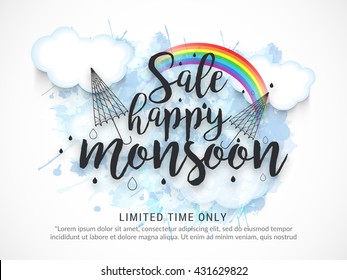 Vector illustration,sale banner,poster or flyer for Monsoon season with raining drops.