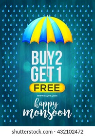 Vector illustration,sale banner,poster or flyer for Monsoon season with raining drops and colorful umbrella.