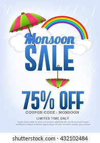 Vector illustration,sale banner,poster or flyer for Monsoon season with raining drops and colorful umbrella,rainbow background.