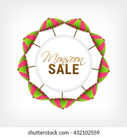 Vector illustration,sale banner,poster or flyer for Monsoon season with colorful umbrella.