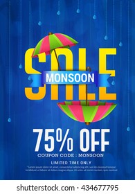 Vector illustration,sale banner,poster or flyer for Monsoon season with raining drops and colorful umbrella.