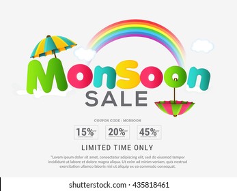Vector illustration,sale banner,poster or flyer for Monsoon season with raining drops and colorful umbrella,rainbow background.
