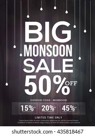 Vector illustration,sale banner,poster or flyer for Monsoon season with raining drops  background.