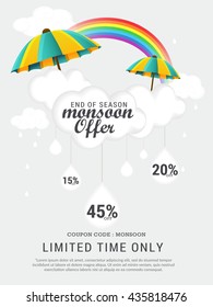 Vector illustration,sale banner,poster or flyer for Monsoon season with raining drops and colorful umbrella,rainbow background.