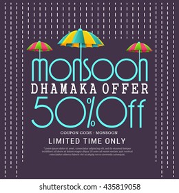 Vector illustration,sale banner,poster or flyer for Monsoon season with raining drops and colorful umbrella.