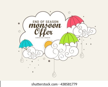 Ilustración vectorial,banner de venta,afiche para la temporada del Monzón con coloridas gotas de lluvia de paraguas con fondo de espacio de texto.