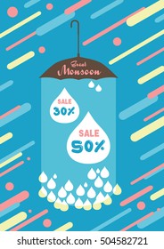 Vector illustration,sale banner,poster,Monsoon season raining drops background.