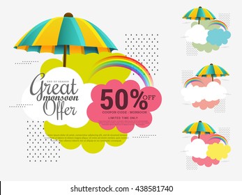 Ilustración vectorial, banner de venta, afiche de venta para la temporada del Monzón gotas de lluvia, paraguas coloridos con fondo de espacio de texto.