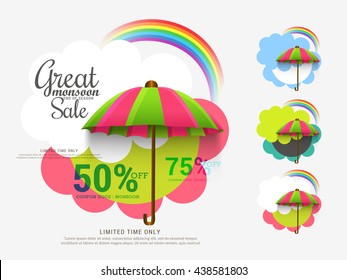 Vector illustration,sale banner,sale poster for Monsoon season raining drops,colorful umbrella with text space background.