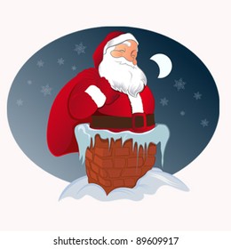 Vector illustration:Santa Claus in the Chimney on a Christmas night