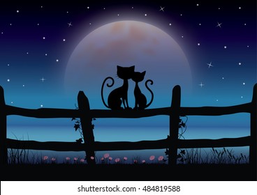Vector illustrations,Cat couples watching the beautiful moon.