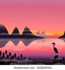 Vector illustration,scene, landscape with pink,purple,violet sunset,sunrise.Reflection and fog on the water.Mountains,hills in the background.Silhoutte of bird,gret,aigrette or heron. Romantic print.