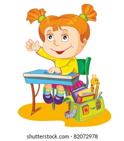 vector illustration-schoolgirl sit on the school desk