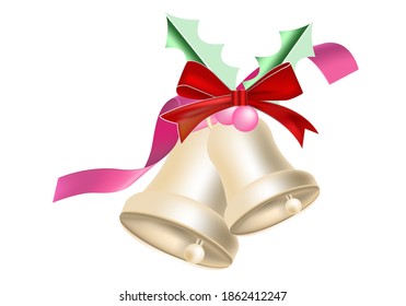 Ilustraciones vectoriales, hojas y campanas de Navidad con arco y cinta de fondo blanco