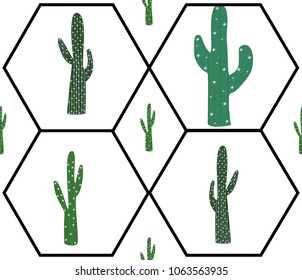 Vector illustration.Seamless patten of cactus.Black frame as a silhouette  terrarium.