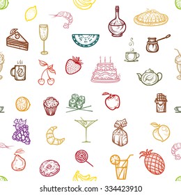 Vector illustration.Seamless pattern. Hand drawing icons snacks, fruit and dessert.Colored on a light background.