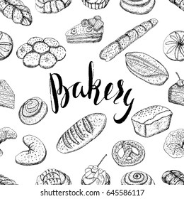 Vector illustration,seamless pattern with hand drawn bakery products, lettering Bakery