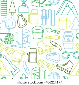 Vector illustration.Seamless pattern with the image of accessories for mountaineering and mountain tourism.Mountain tourism.Mountaineering.Hiking.Line style.