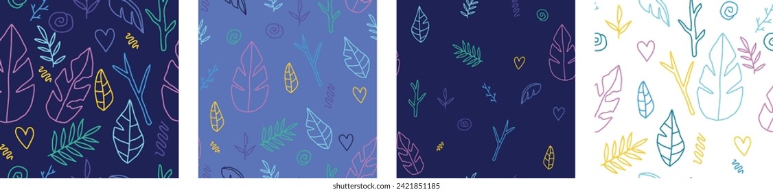 Vector illustration.Seamless pattern of plants twigs leaves. heart. nature.
