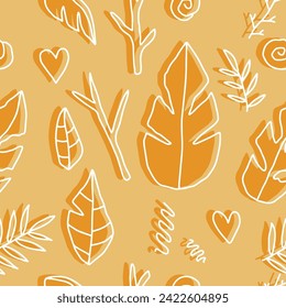 Vector illustration.Seamless pattern of plants twigs leaves. heart. nature.