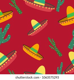Vector illustration.Seamless pattern of sombrero and cactus.