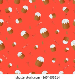 Vector illustration.Seamless pattern.Easter cake with colourful sprinkles   .Holiday sweet food. Hand drawn  for Orthodox Easter.  Willow bouquet, ester cake  background or endless. 