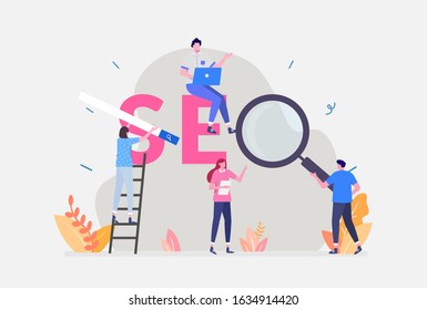 Vector Illustration,Search Engine Optimisation Concept,Showing a group of creative author is using SEO to get more visitors, Suitable for landing page, ui, web, App intro card, editorial, and flyer
