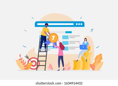 Vector Illustration,Search Engine Optimisation Concept,Showing a group of creative author is using SEO to get more visitors, Suitable for landing page, ui, web, App intro card, editorial, and flyer