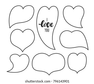 Vector illustration:set of 8 red different shaped hearts speech bubbles and cartoony  typography slogan I love you and  for decoration, prints and posters. Design elements isolated on white background