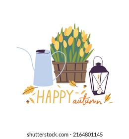 Vector illustrationset of autumn accessories - fall flowers, garden watering can and pumkin with candle lantern. Fall lettering