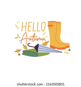 Vector illustrationset of autumn accessories - rubber boots and an umbrella with a scarf. Fall lettering