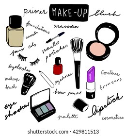 vector illustration-set of cosmetics, makeup products such as lipstick, blush, nail polish, eyeshadow, eyeliner, mascara, foundation, makeup brushes, eyelashes. words regarding cosmetics are included.