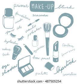 vector illustration-set of cosmetics such as lipstick, blush, nail polish, eye shadow, eyeliner, mascara, foundation, makeup brushes, eyelashes. words regarding cosmetics are included.