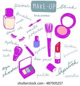 vector illustration-set of cosmetics such as lipstick, blush, nail polish, eye shadow, eyeliner, mascara, foundation, makeup brushes, eyelashes. words regarding cosmetics are included.