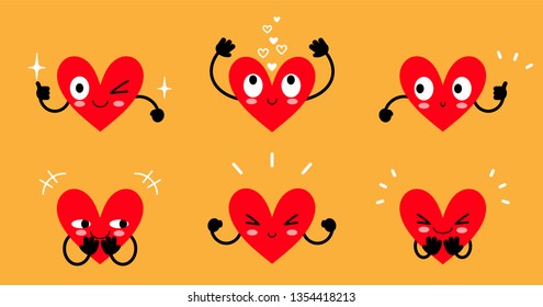 Vector Illustration,Set cute cartoon happy strong hearts on yellow background