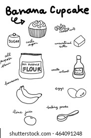 vector illustration-set of ingredients for baking banana cake such as bananas, eggs, flour, sugar, vanilla extract, cashew nuts, baking powder, lime juice, butter. Words regarding ingredient included.