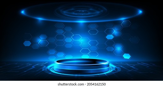 Vector illustrations.futuristic digital modern technology with blue neon digital element and pedestal for hi-tech showcase.