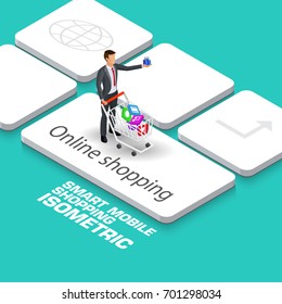 Vector illustration.Shopping trolley cart and icon app with gifts on the keyboard. people stand on online shop button. Isometric, 3D.