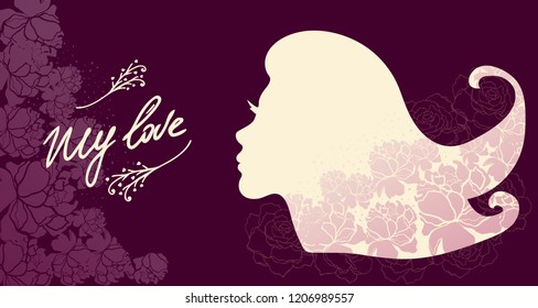vector illustration.silhouette girl face with flowers. Horizontal format design ideal for web banner or greeting card.