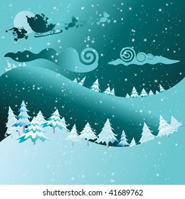 vector illustration,silhouette santa with a brownie flying on his sleigh, card concept.