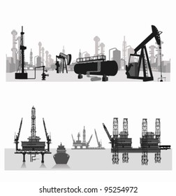  Vector Illustration.Silhouettes Of An Oil Refinery And  Wells.Sea Platform