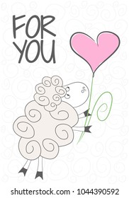 Vector Illustration.Simple design of cute  sheep,flower-heart. perfect for  card, banners, stickers, posters and other printable things.