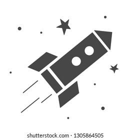 Vector Illustration:single Flat Icon With Rocket Ship Launch With Clouds Isolated On Black Background With Stars. Project Start Up And Development Process. Innovation Product And Management.
