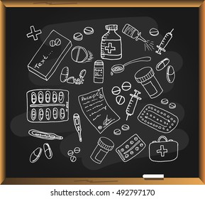 Vector illustration.Sketchy pharmaceuticals set on blackboard background. Free hand drawn. 