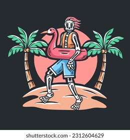 vector illustration.skull wearing a flamingo float.enjoying summer.black background