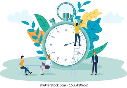 Vector illustration.Small people on the background of a large clock.The concept of task planning, time management.