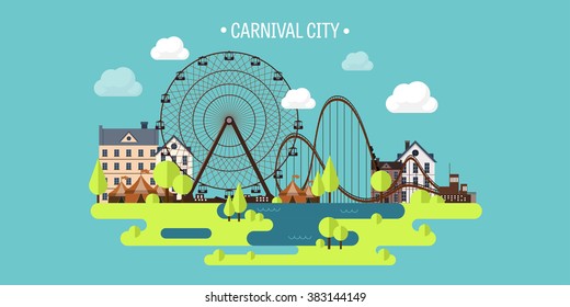 Vector illustration.Spring, summer. Ferris wheel. Carnival. Funfair background. Circus park.  Skyscrapers with roller coaster.