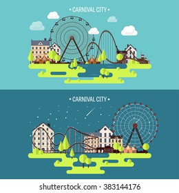 Vector illustration.Spring, summer. Ferris wheel. Carnival. Funfair background. Circus park.  Skyscrapers with roller coaster.