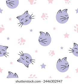 Vector illustrations.Seamless pattern cute blue cat faces and pink paws prints on a white background. Print for nightie, t-shirts, paper.