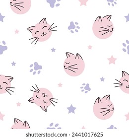 Vector illustrations.Seamless pattern cute pink cat face and blue paw prints on a white background. Print for nightie, t-shirts, paper.